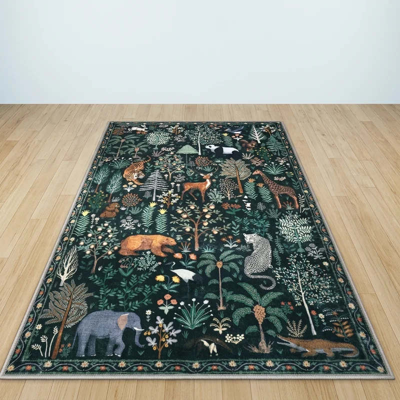 OJIA green jungle print washable 5x7 area rug in a bright room